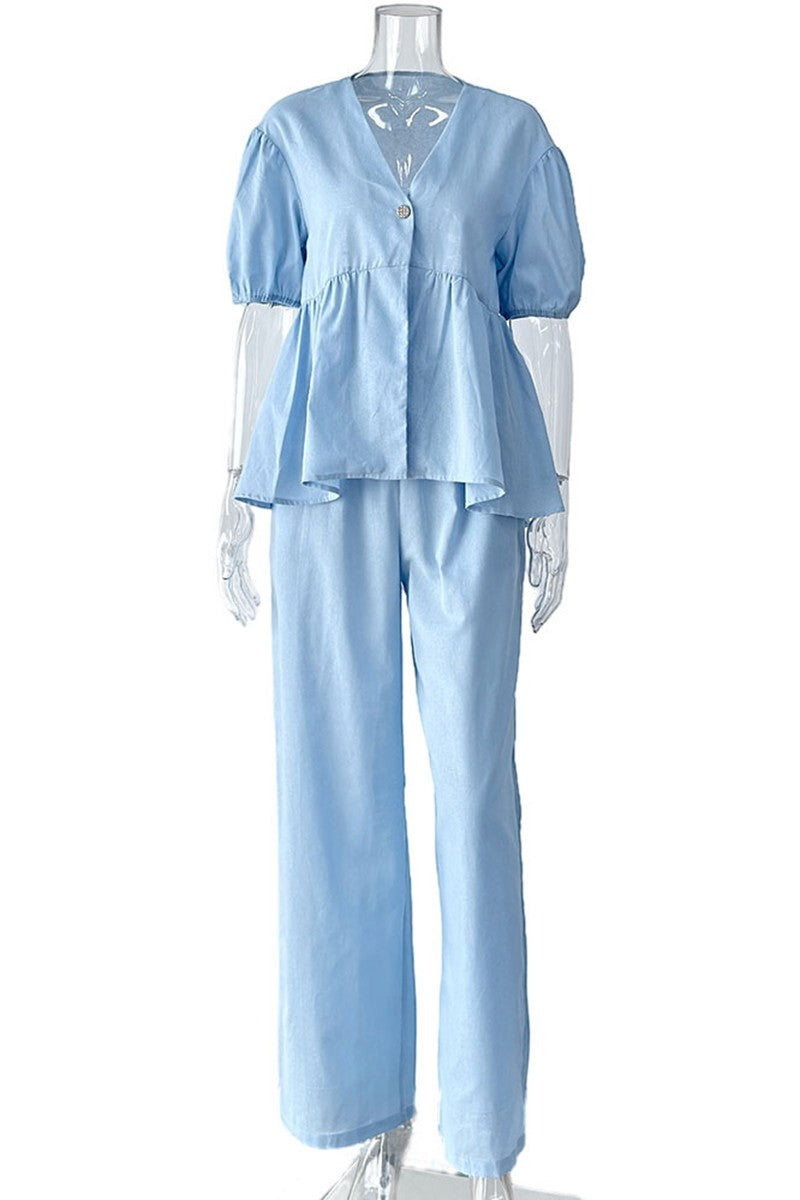 PUFF-SLEEVE PEPLUM TOP AND PANTS SET